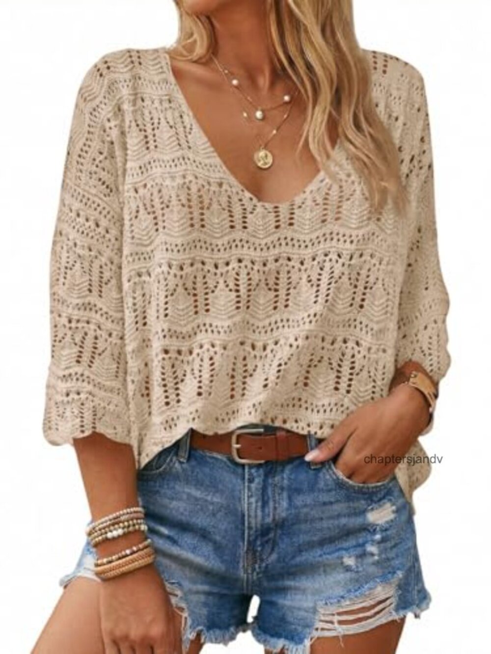 Women's Crochet Cover Up Sweater Top 3/4 Sleeve V-Neck Beach Batwing Knit